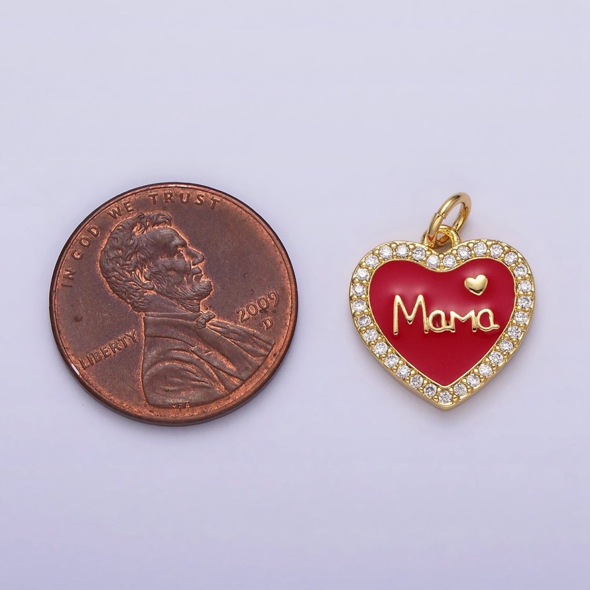 14K Gold Filled Red, White Enamel "Mama" Script Micro Paved CZ Heart Charm | AC1373 AC1374
