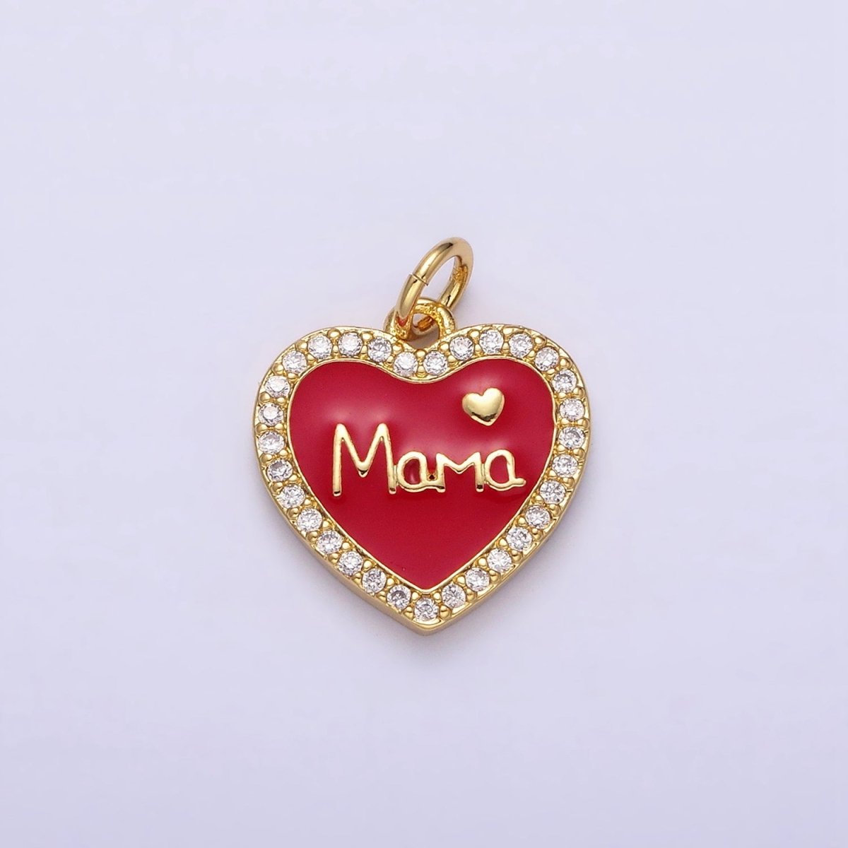 14K Gold Filled Red, White Enamel "Mama" Script Micro Paved CZ Heart Charm | AC1373 AC1374