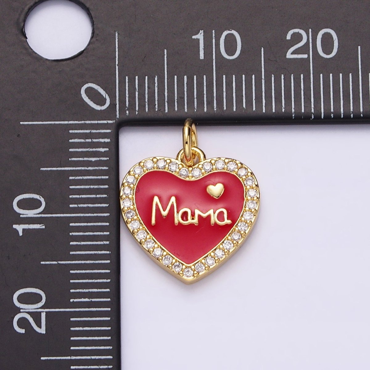 14K Gold Filled Red, White Enamel "Mama" Script Micro Paved CZ Heart Charm | AC1373 AC1374