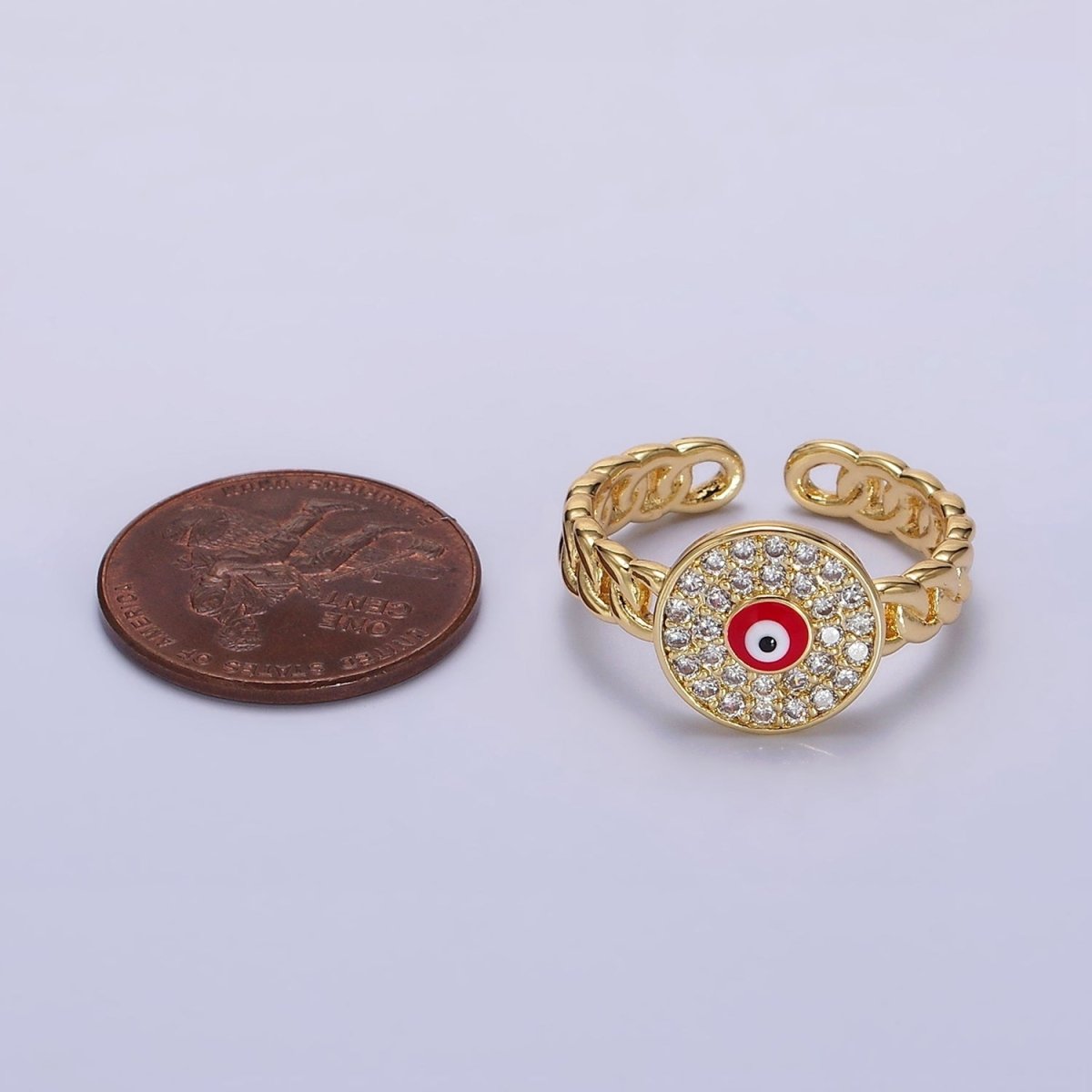 14K Gold Filled Red, White Evil Eye Enamel Round Clear Micro Paved CZ Curb Link Adjustable Ring | O-594 O-595