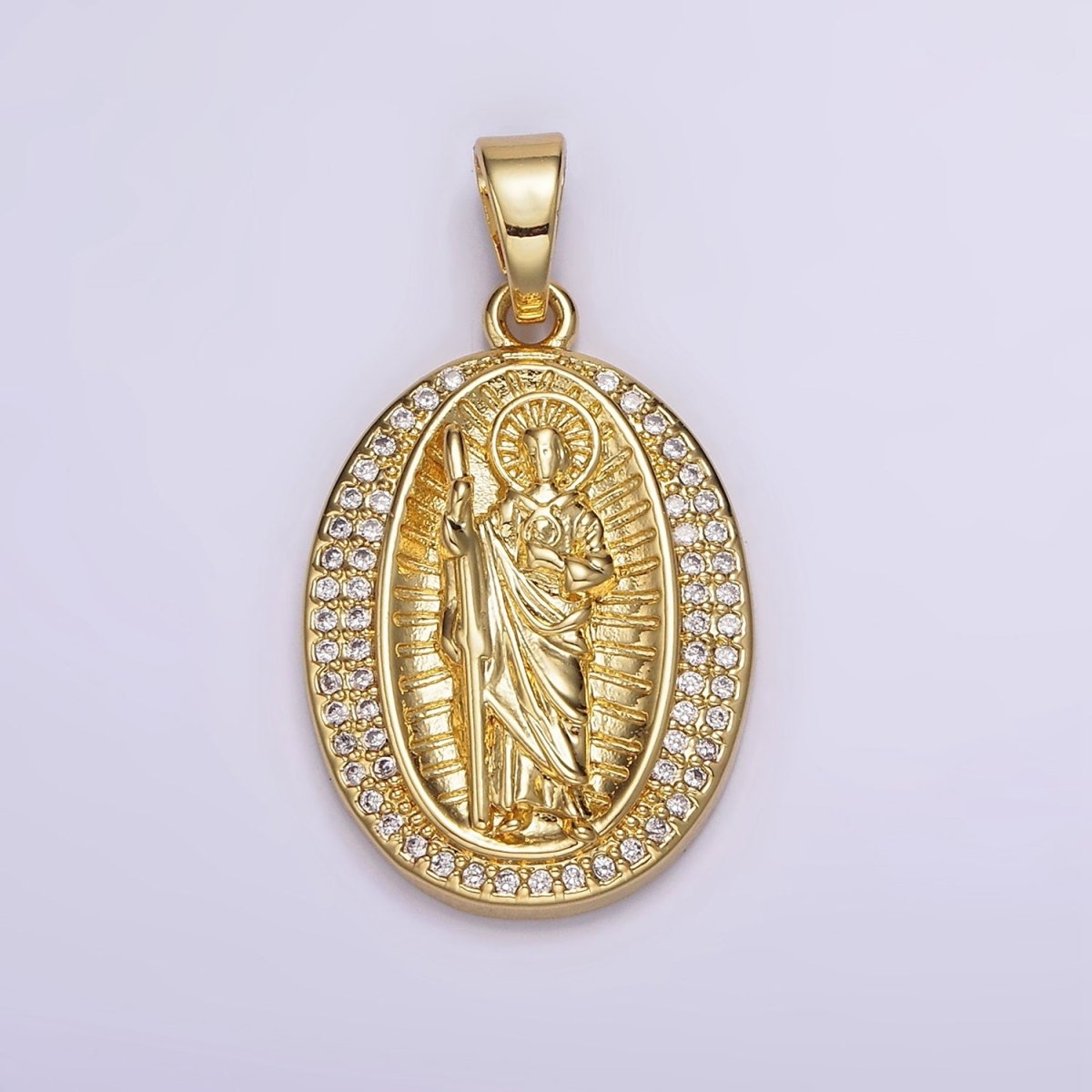 14K Gold Filled Religious Saint Jude Lined Clear Micro Paved CZ Oval Pendant | N1786