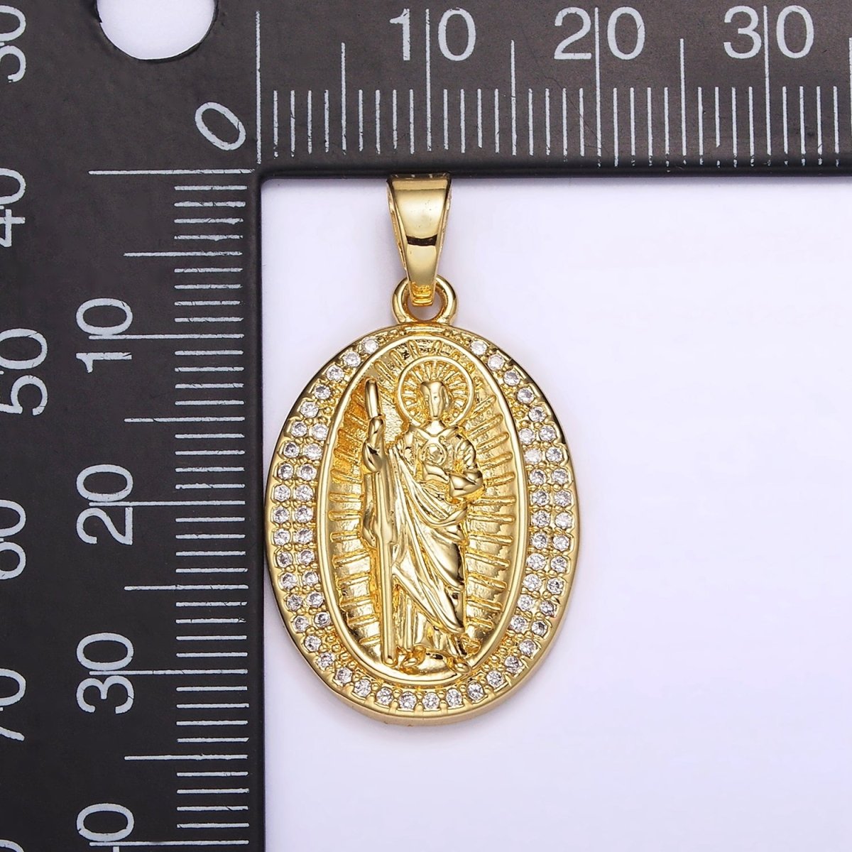 14K Gold Filled Religious Saint Jude Lined Clear Micro Paved CZ Oval Pendant | N1786