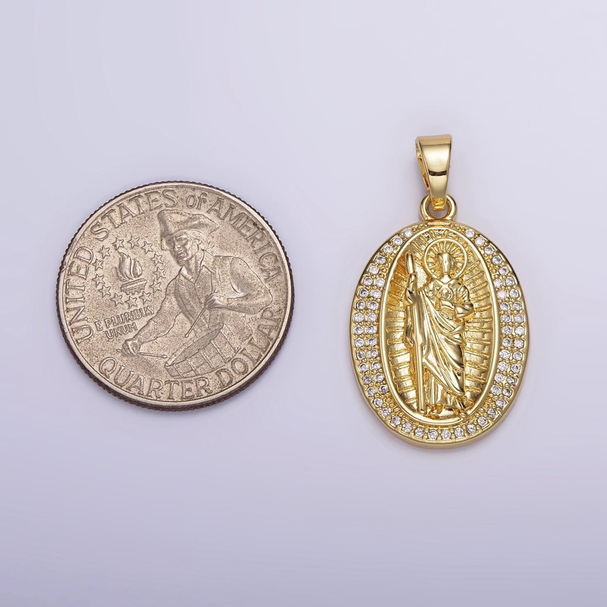 14K Gold Filled Religious Saint Jude Lined Clear Micro Paved CZ Oval Pendant | N1786