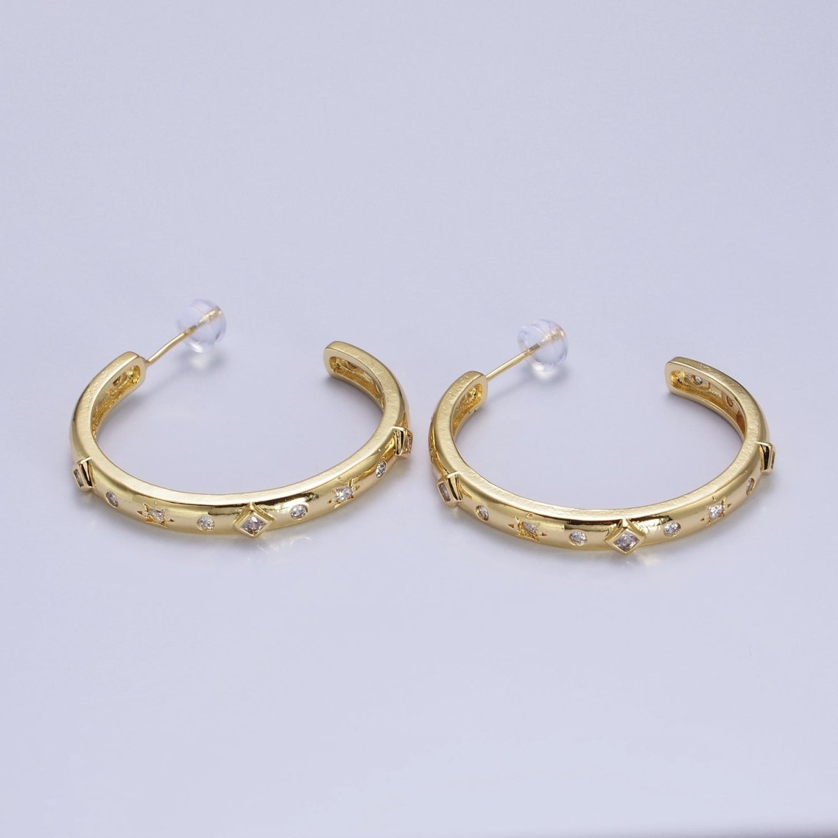 14K Gold Filled Rhombus Celestial Clear CZ 35mm C-Shaped Hoop Earrings | AB210