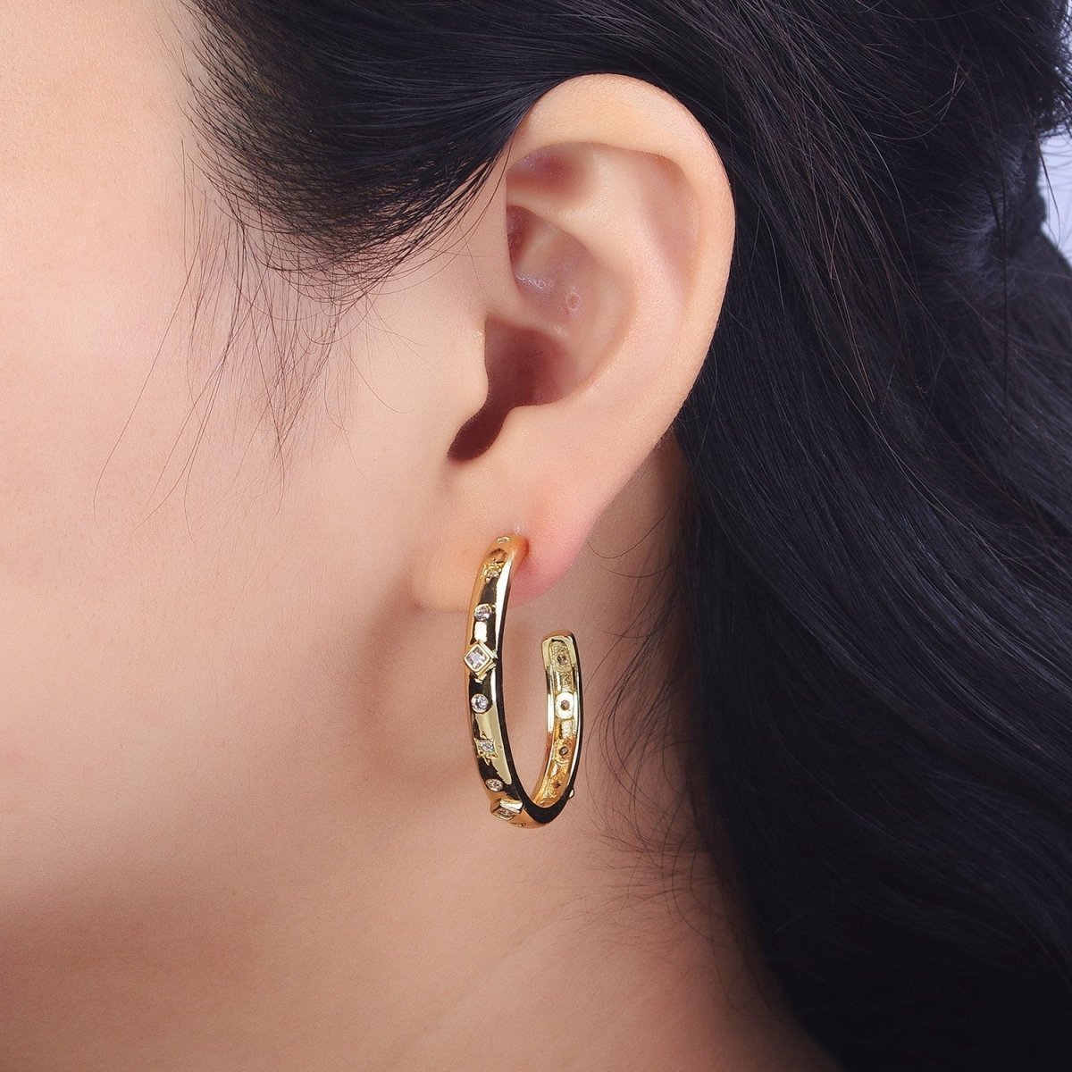 14K Gold Filled Rhombus Celestial Clear CZ 35mm C-Shaped Hoop Earrings | AB210