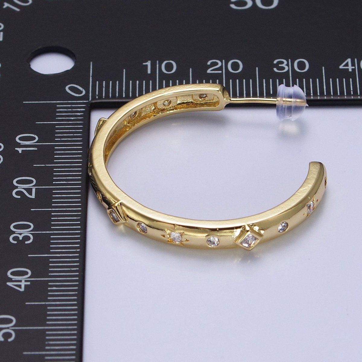 14K Gold Filled Rhombus Celestial Clear CZ 35mm C-Shaped Hoop Earrings | AB210
