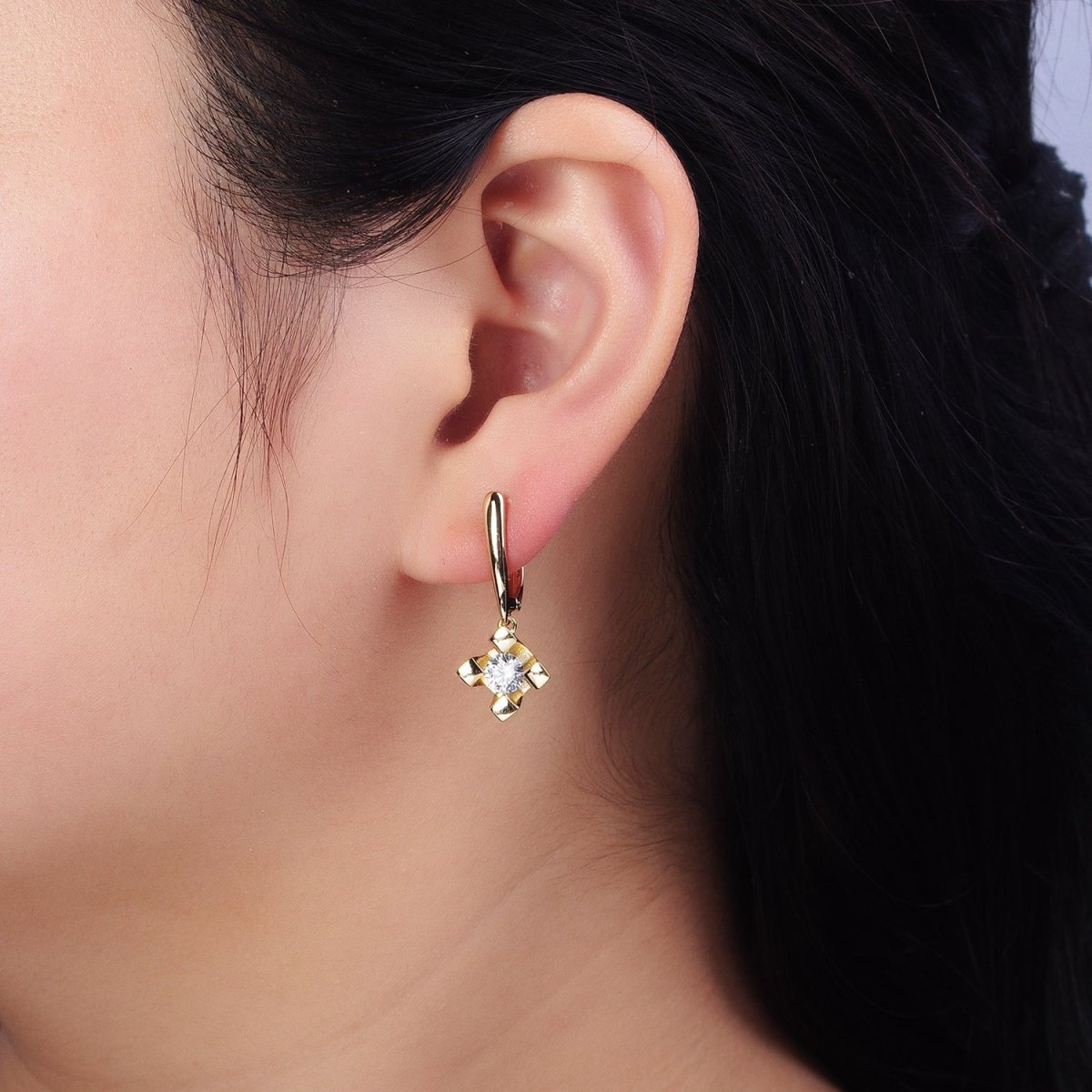 14K Gold Filled Rhombus Clear CZ Drop English Lock Earrings | AD1439