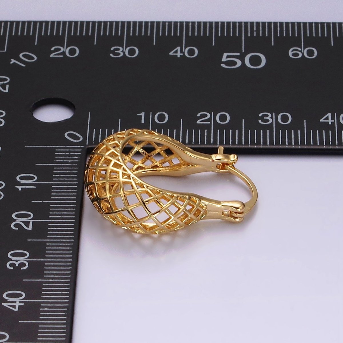 14K Gold Filled Rhombus Filigree Open Dome French Lock Latch Hoop Earrings | AE221