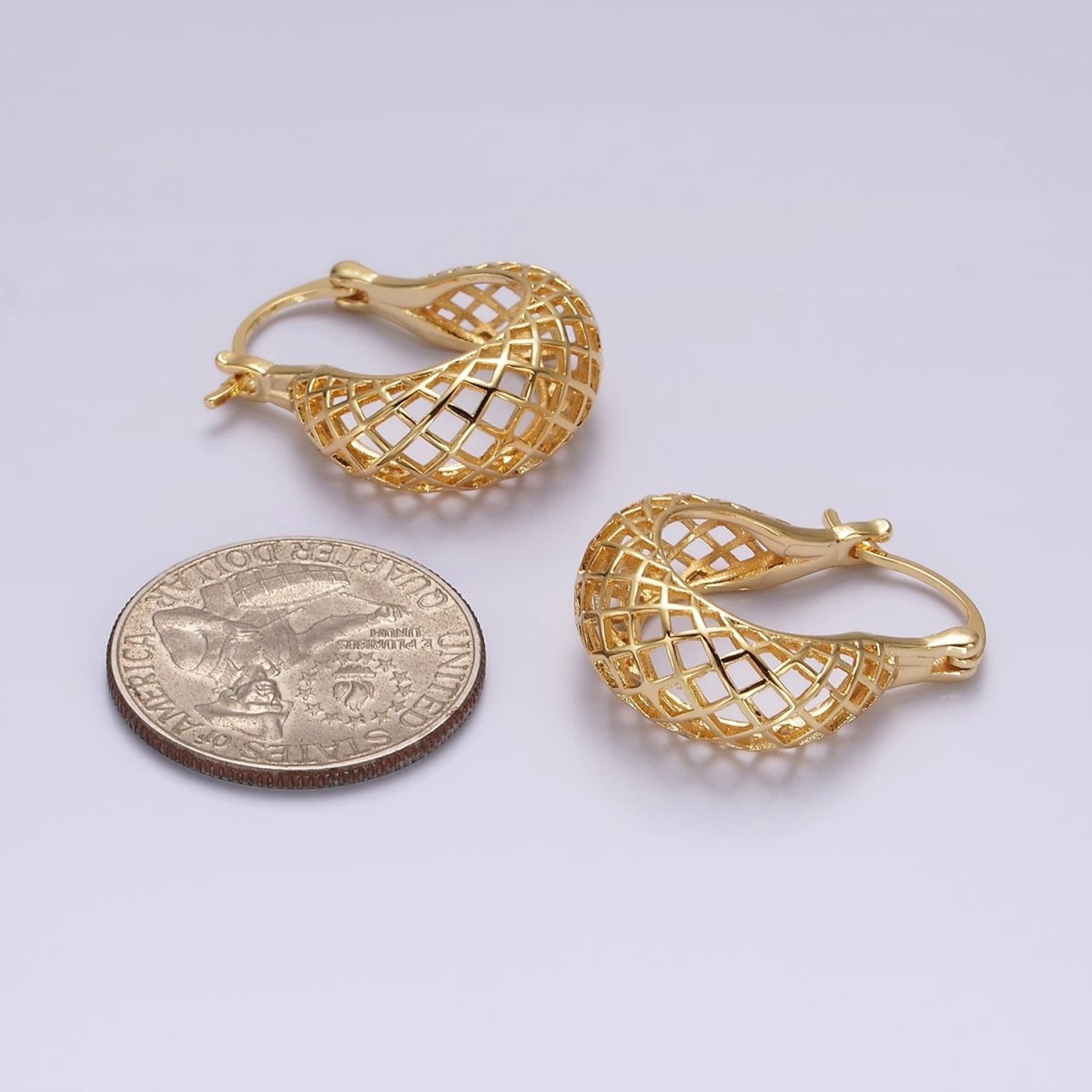 14K Gold Filled Rhombus Filigree Open Dome French Lock Latch Hoop Earrings | AE221