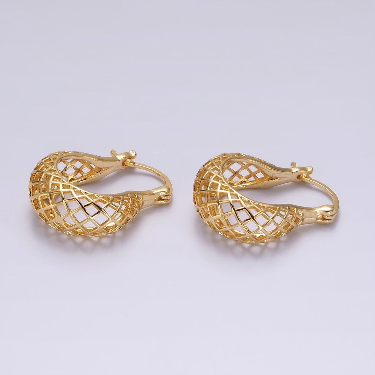 14K Gold Filled Rhombus Filigree Open Dome French Lock Latch Hoop Earrings | AE221
