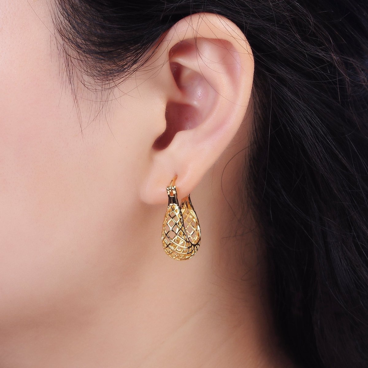14K Gold Filled Rhombus Filigree Open Dome French Lock Latch Hoop Earrings | AE221