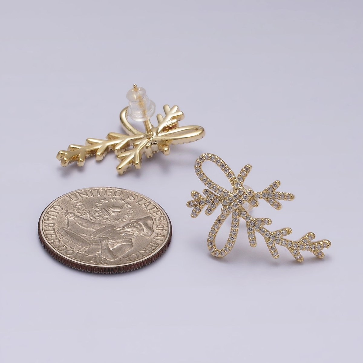 14K Gold Filled Ribbon Bow Arrow Micro Paved CZ Stud Earrings Set in Gold & Silver | AE253 AE254