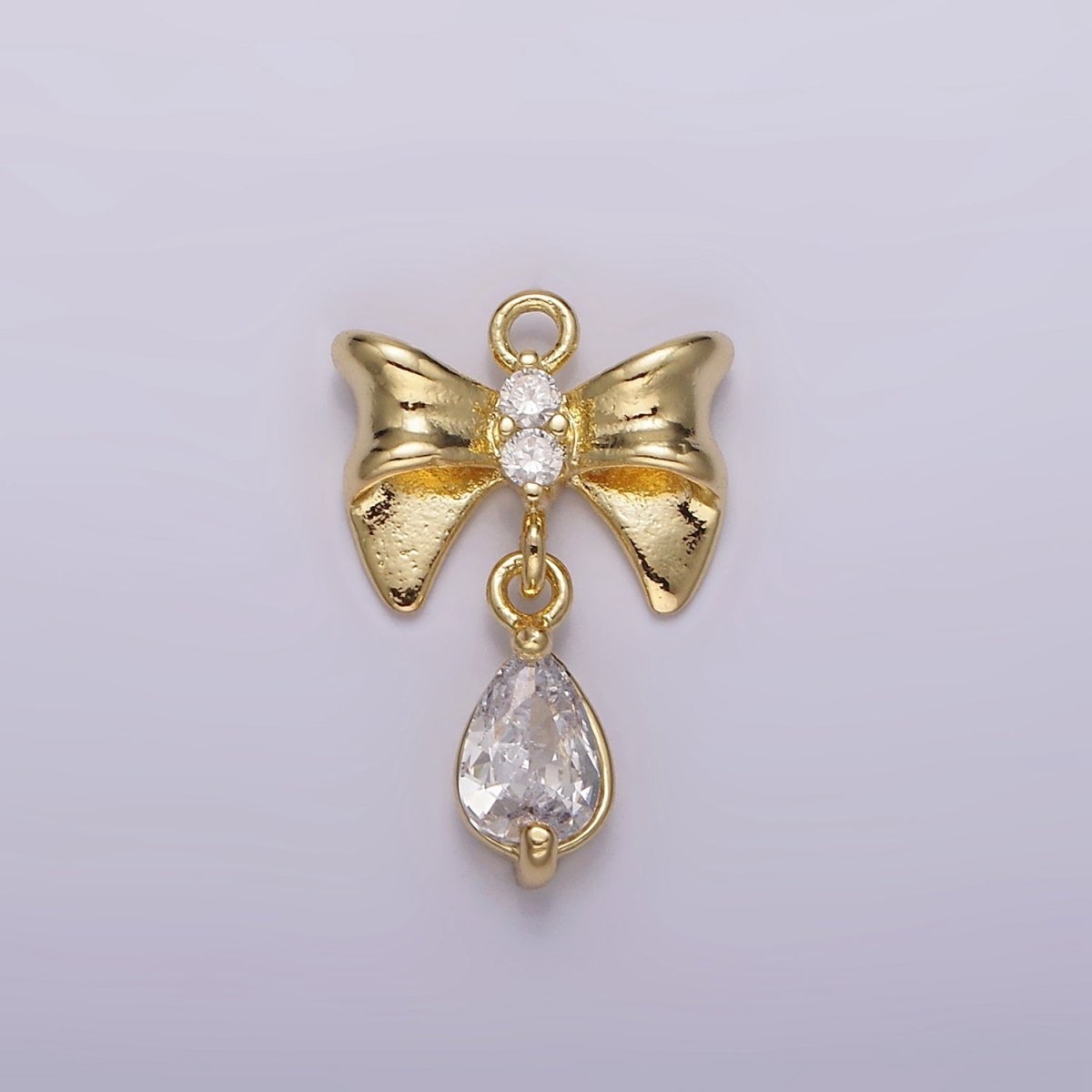 14K Gold Filled Ribbon Bow Clear Teardrop CZ Drop Charm | AG615