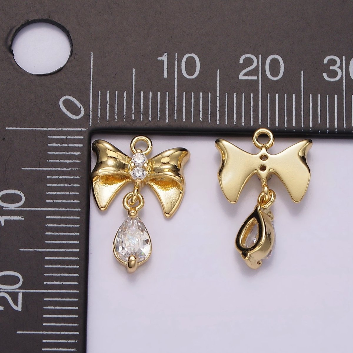 14K Gold Filled Ribbon Bow Clear Teardrop CZ Drop Charm | AG615