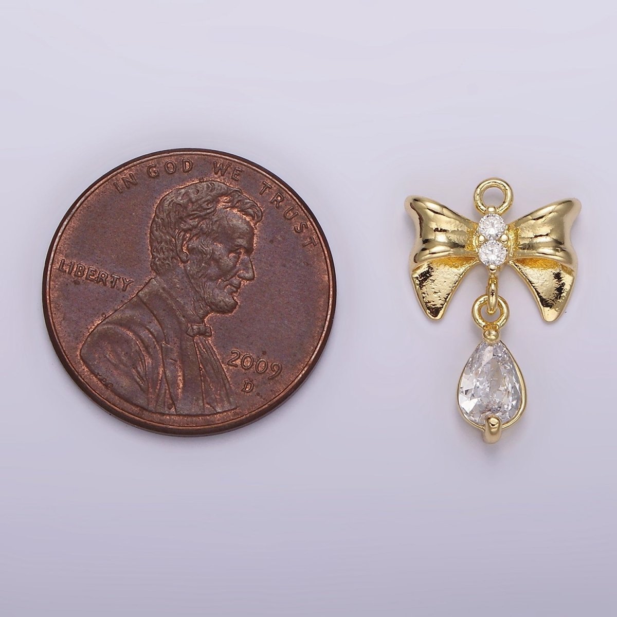 14K Gold Filled Ribbon Bow Clear Teardrop CZ Drop Charm | AG615