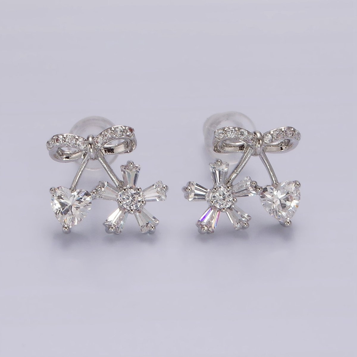 14K Gold Filled Ribbon Micro Paved CZ Heart Flower Stud Earrings in Gold & Silver | V318