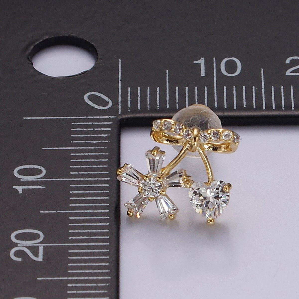 14K Gold Filled Ribbon Micro Paved CZ Heart Flower Stud Earrings in Gold & Silver | V318