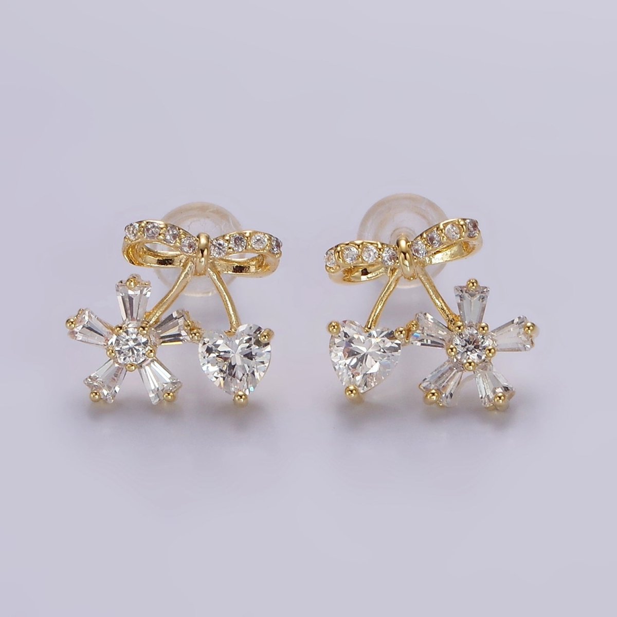 14K Gold Filled Ribbon Micro Paved CZ Heart Flower Stud Earrings in Gold & Silver | V318
