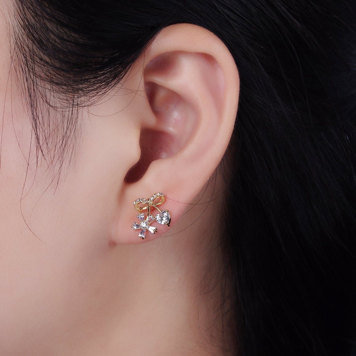 14K Gold Filled Ribbon Micro Paved CZ Heart Flower Stud Earrings in Gold & Silver | V318