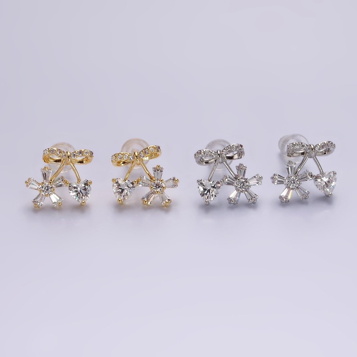 14K Gold Filled Ribbon Micro Paved CZ Heart Flower Stud Earrings in Gold & Silver | V318