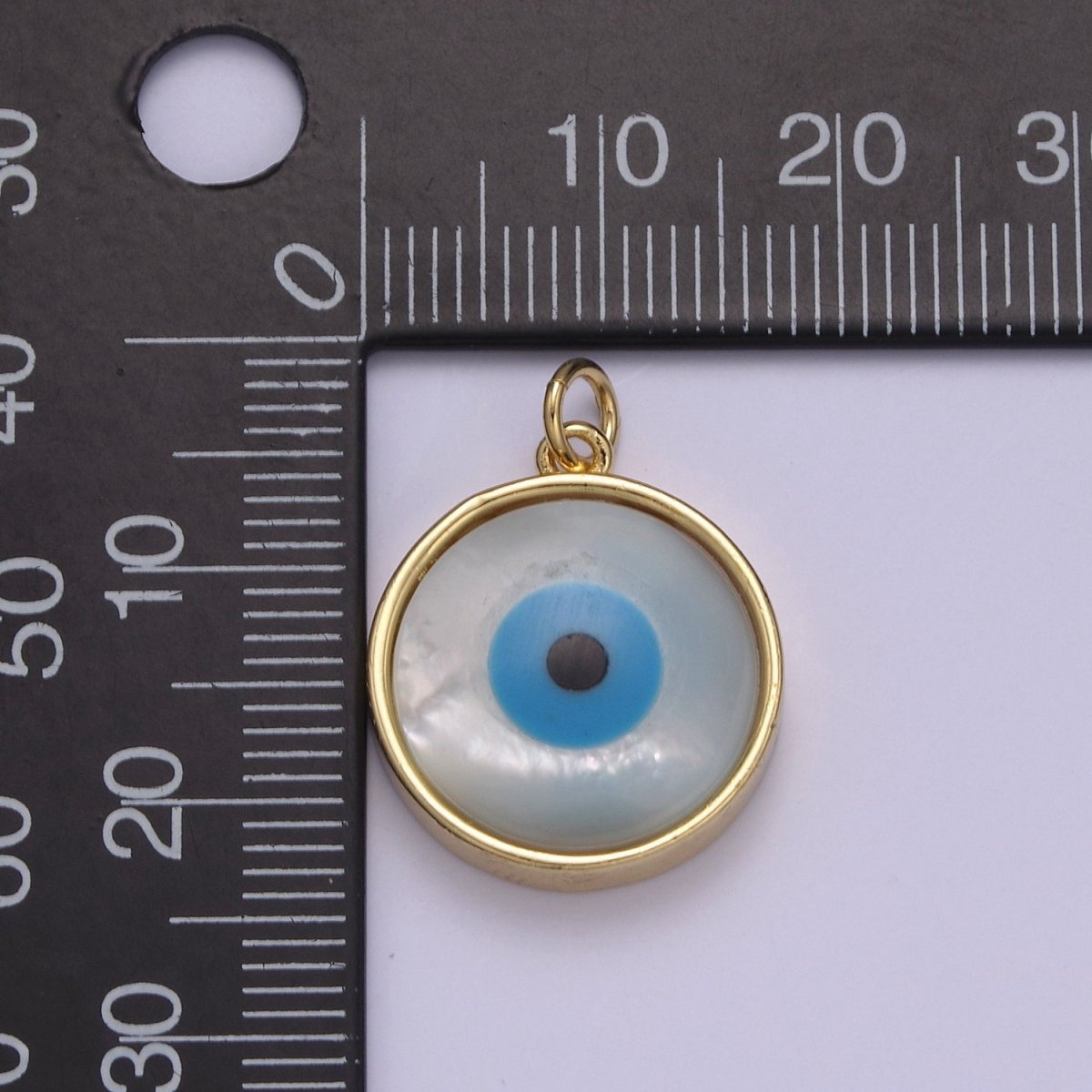 14k Gold Filled Rim Evil Eye Charm Pendant- Gold Round Evil Eye Charm with Natural White Shell Evil Eye N-833
