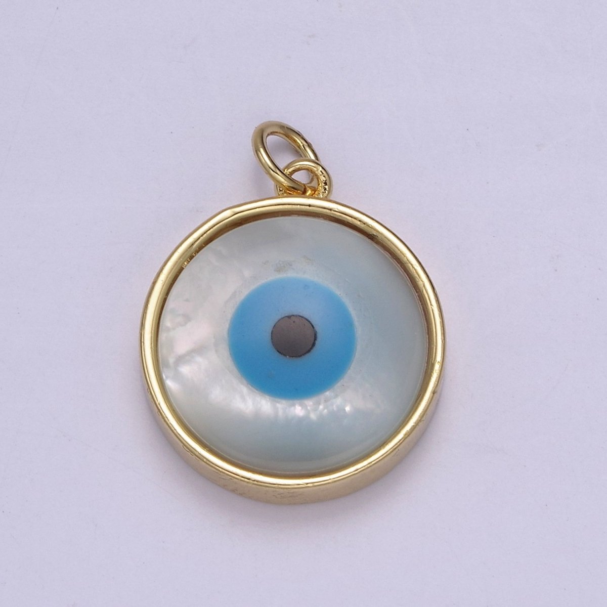 14k Gold Filled Rim Evil Eye Charm Pendant- Gold Round Evil Eye Charm with Natural White Shell Evil Eye N-833