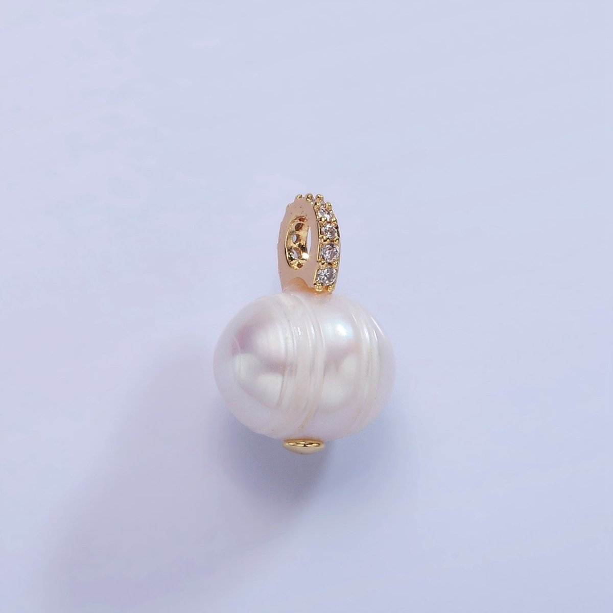 14K Gold Filled Ringed Button Freshwater Pearl Micro Paved CZ Bail Drop Pendant | P1708