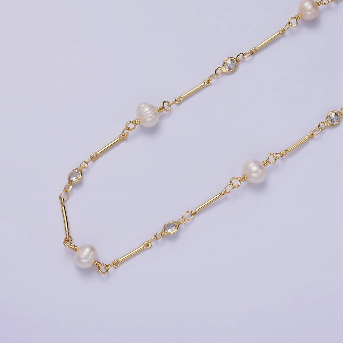 14K Gold Filled Ringed Button White Freshwater Pearl Clear CZ Unfinished Jewelry Making Chain | ROLL-1410 Clearance Pricing