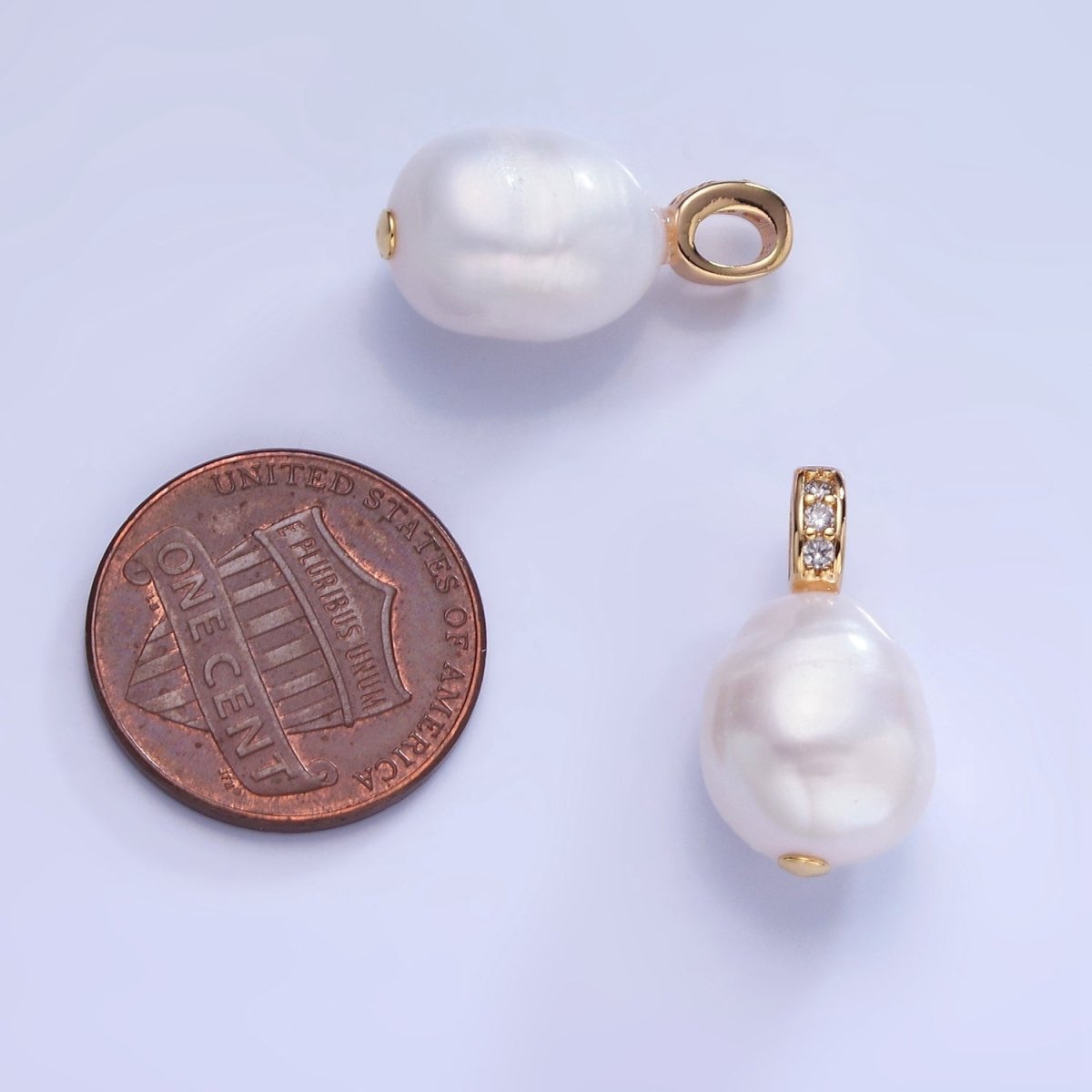 14K Gold Filled Ringed White Freshwater Pearl Micro Paved CZ Bail Pendant | P1735