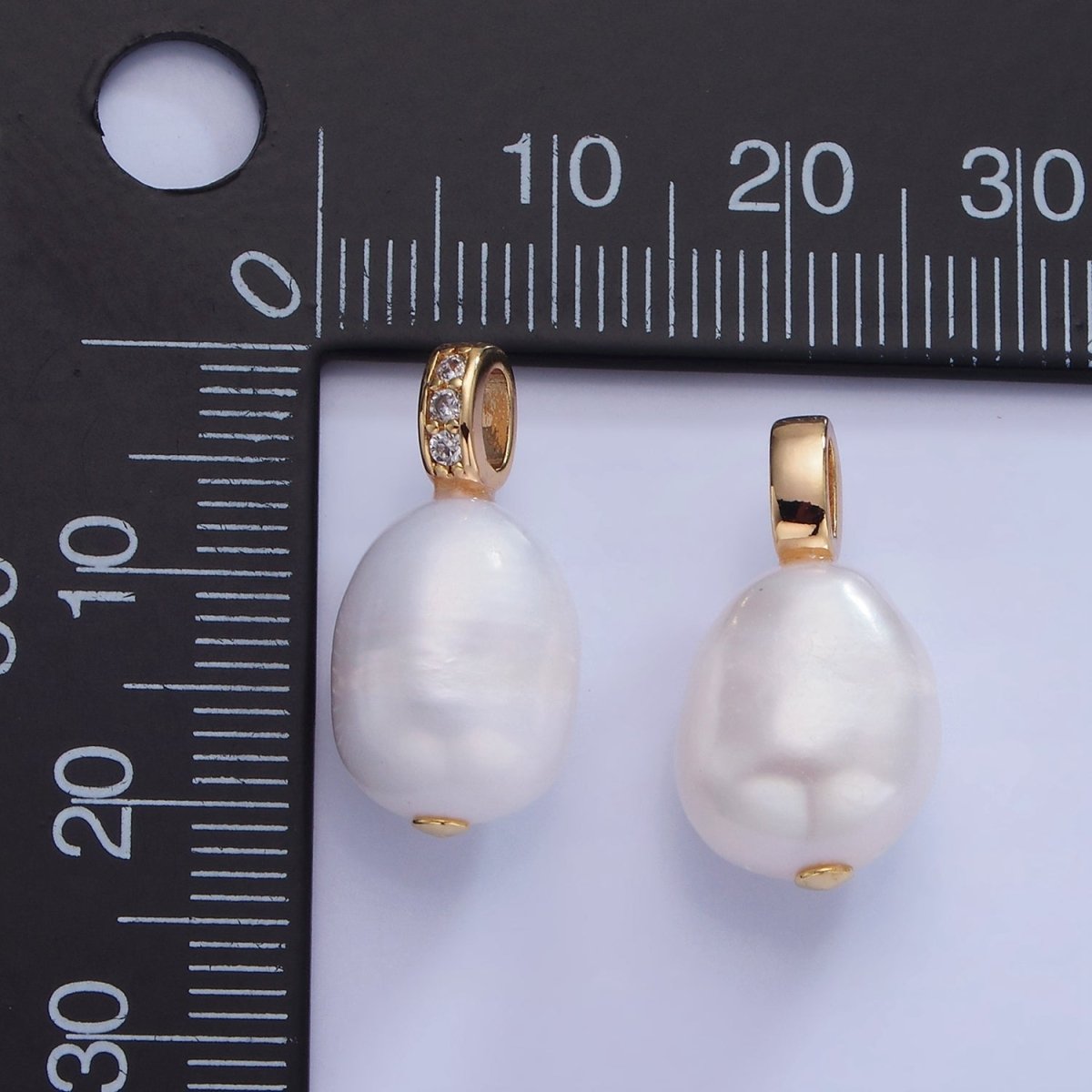 14K Gold Filled Ringed White Freshwater Pearl Micro Paved CZ Bail Pendant | P1735