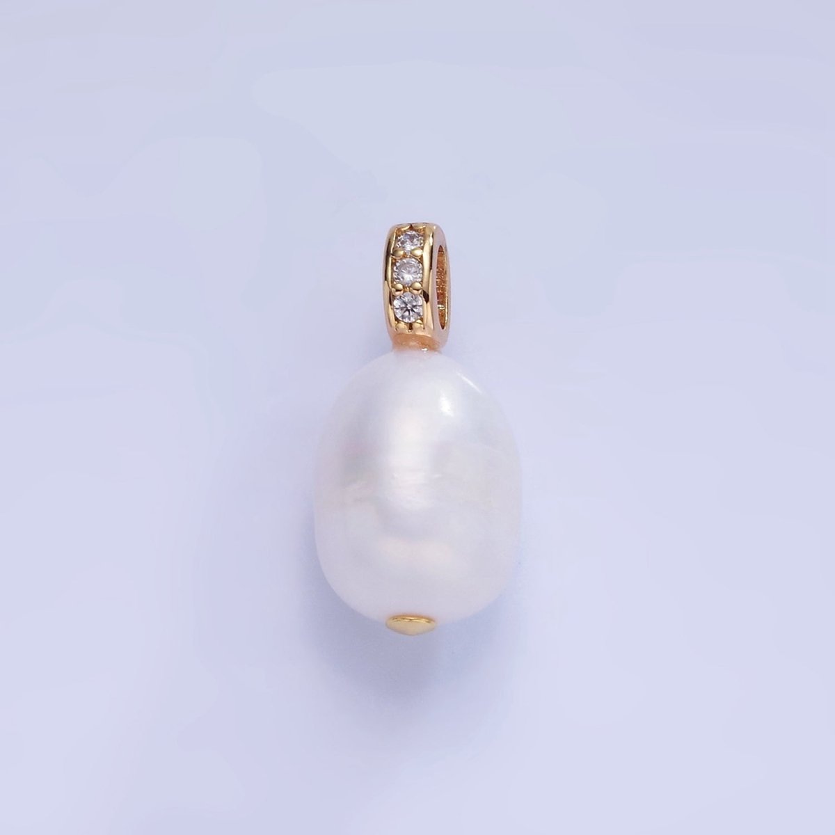 14K Gold Filled Ringed White Freshwater Pearl Micro Paved CZ Bail Pendant | P1735