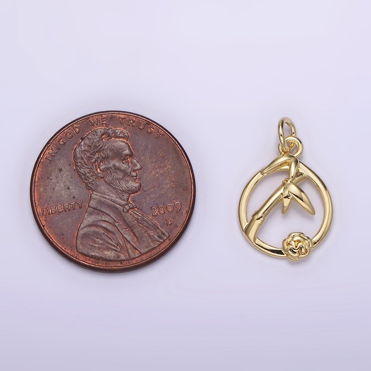 14K Gold Filled Rose Flower Bamboo Plant Nature Open Round Frame Charm | AG219