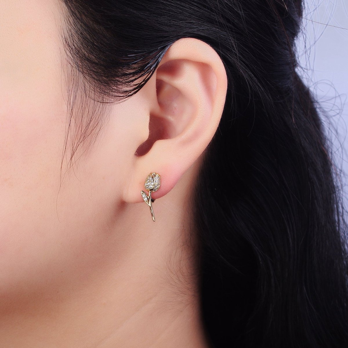 14K Gold Filled Rose Flower Micro Paved CZ Cartilage Huggie Earrings | AB269