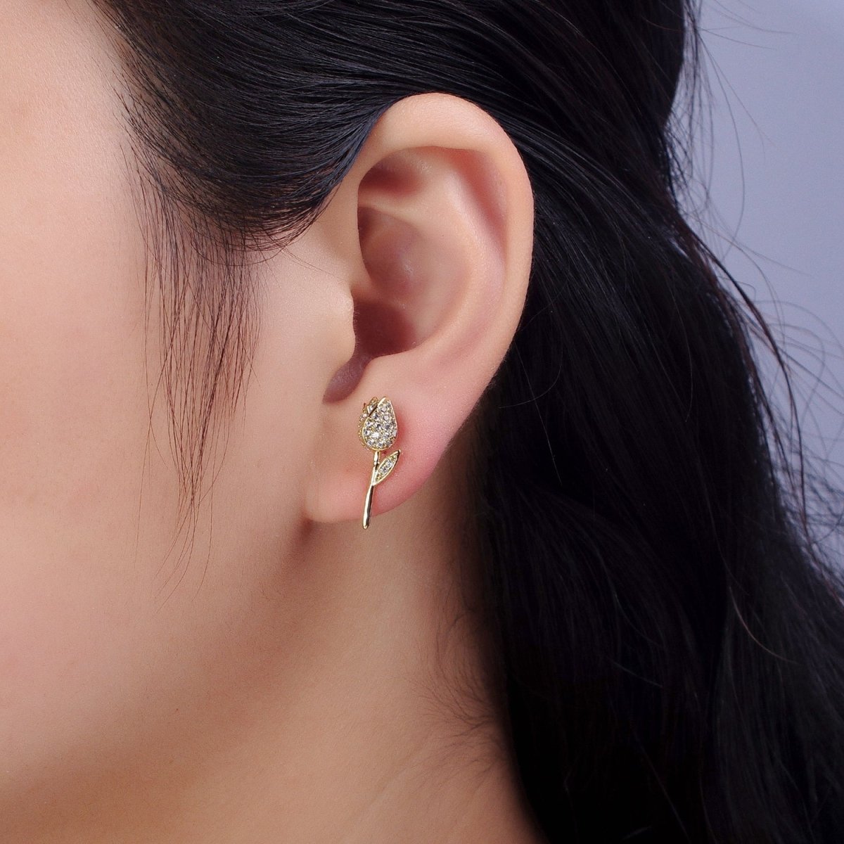 14K Gold Filled Rose Flower Micro Paved CZ Stud Earrings | AB315