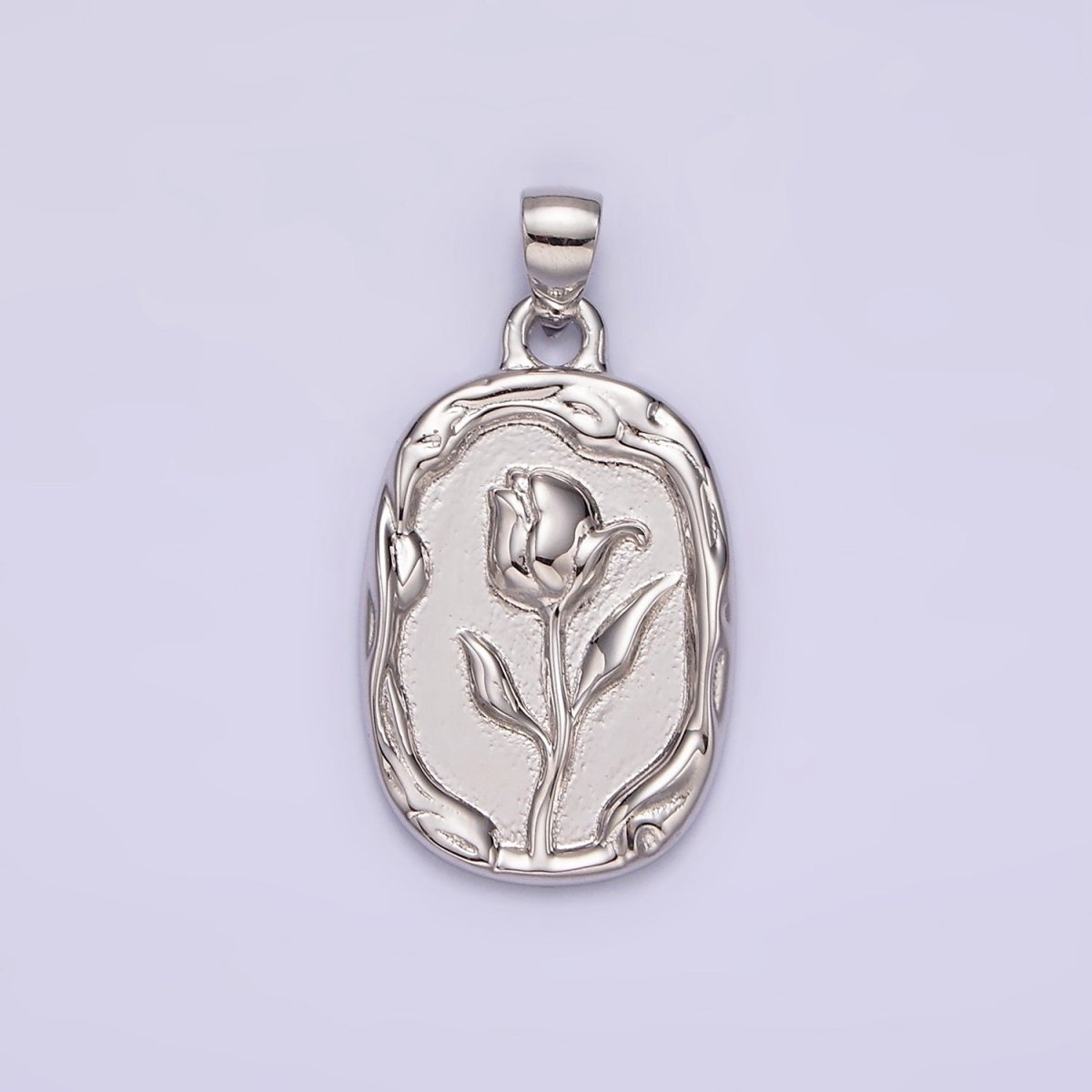 14K Gold Filled Rose Flower Molten Stamped Oval Pendant in Gold & Silver | N1787 N1788