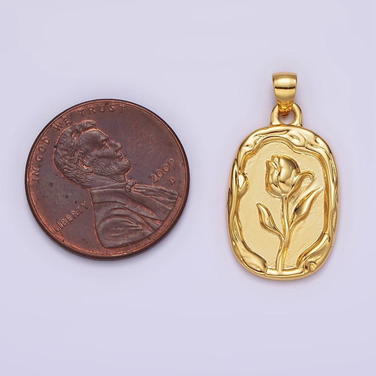 14K Gold Filled Rose Flower Molten Stamped Oval Pendant in Gold & Silver | N1787 N1788