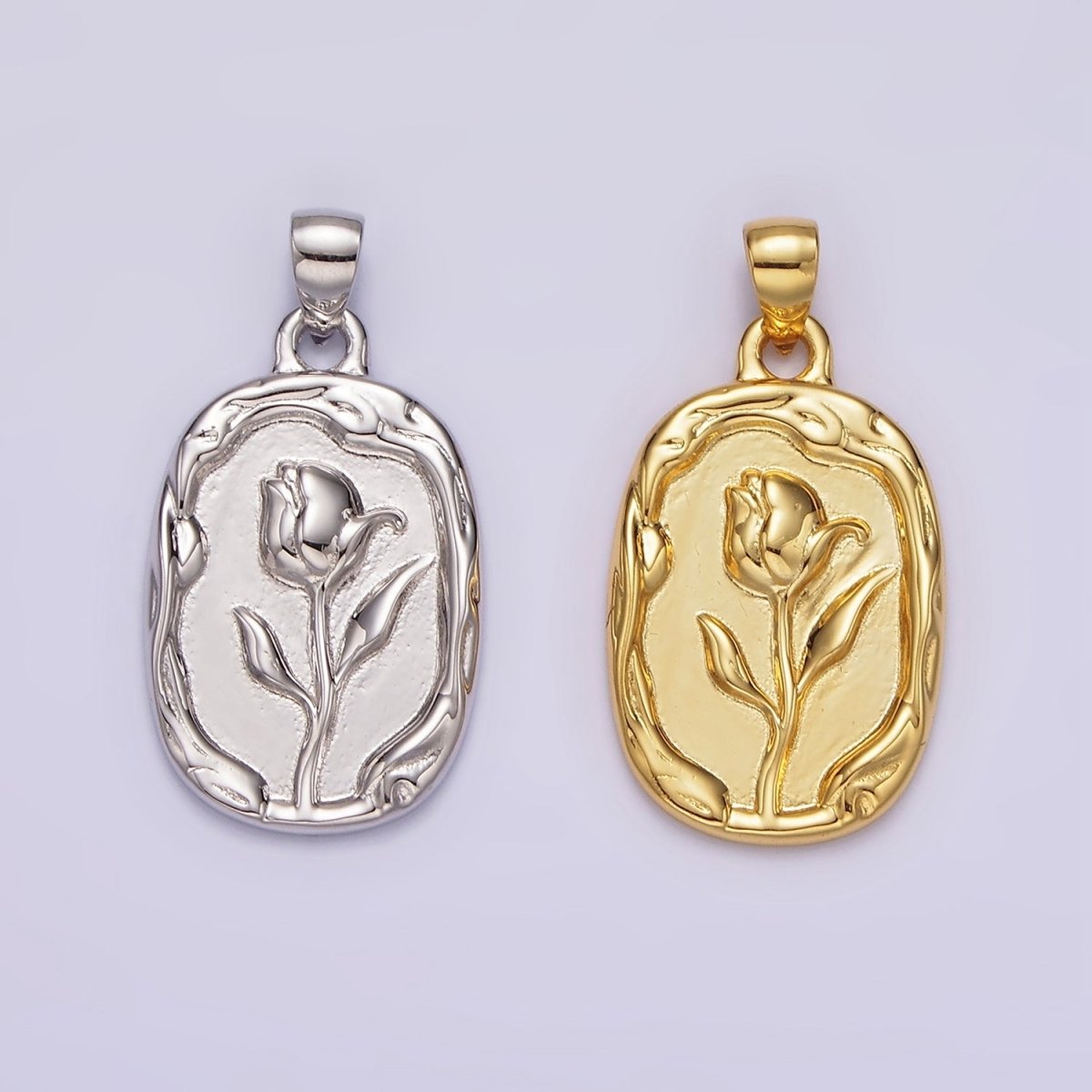 14K Gold Filled Rose Flower Molten Stamped Oval Pendant in Gold & Silver | N1787 N1788