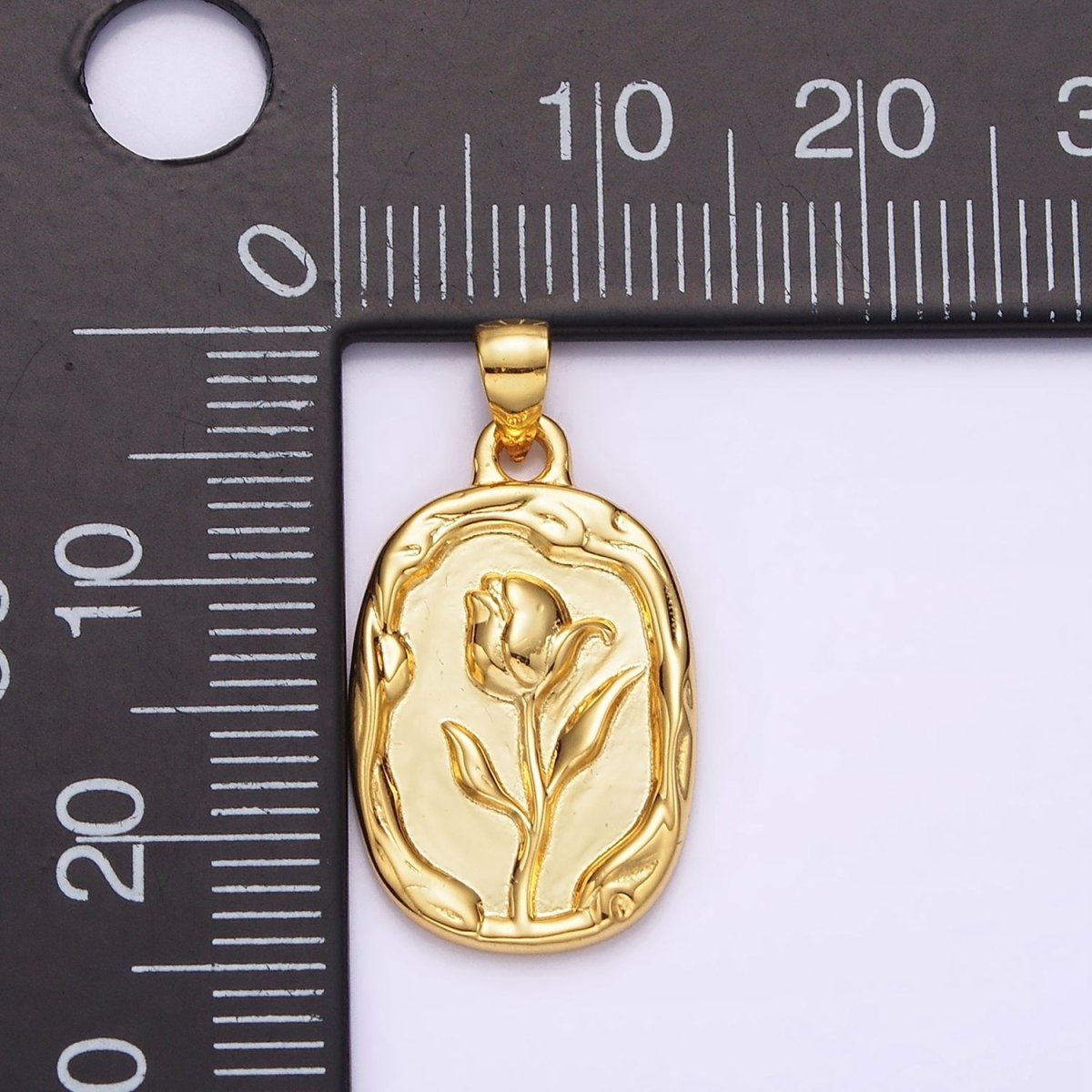 14K Gold Filled Rose Flower Molten Stamped Oval Pendant in Gold & Silver | N1787 N1788