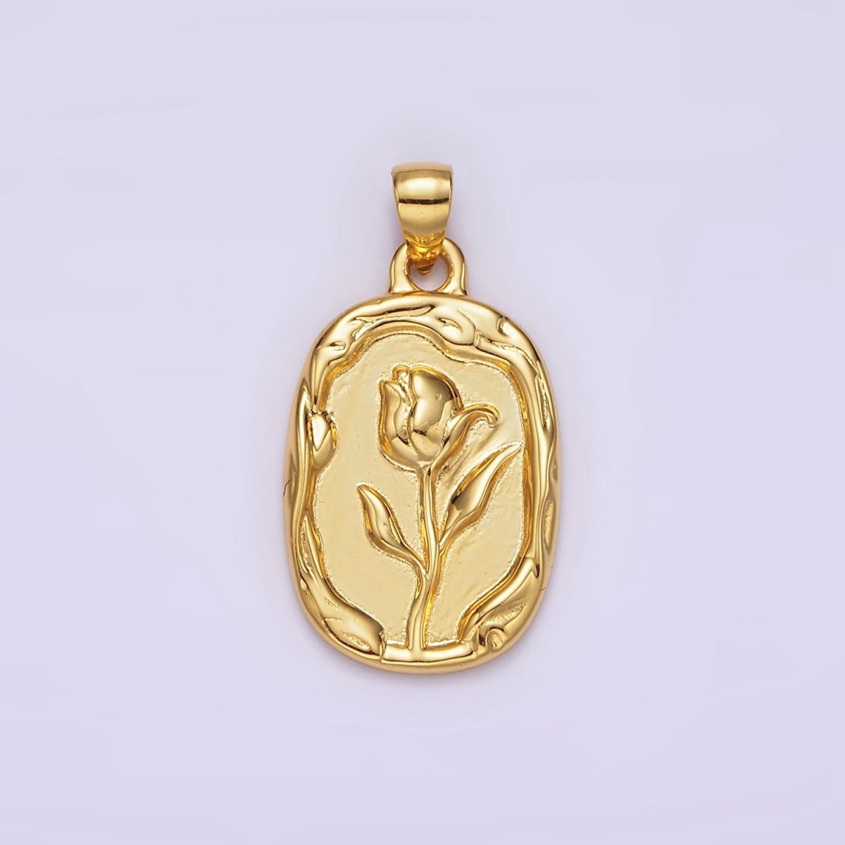 14K Gold Filled Rose Flower Molten Stamped Oval Pendant in Gold & Silver | N1787 N1788