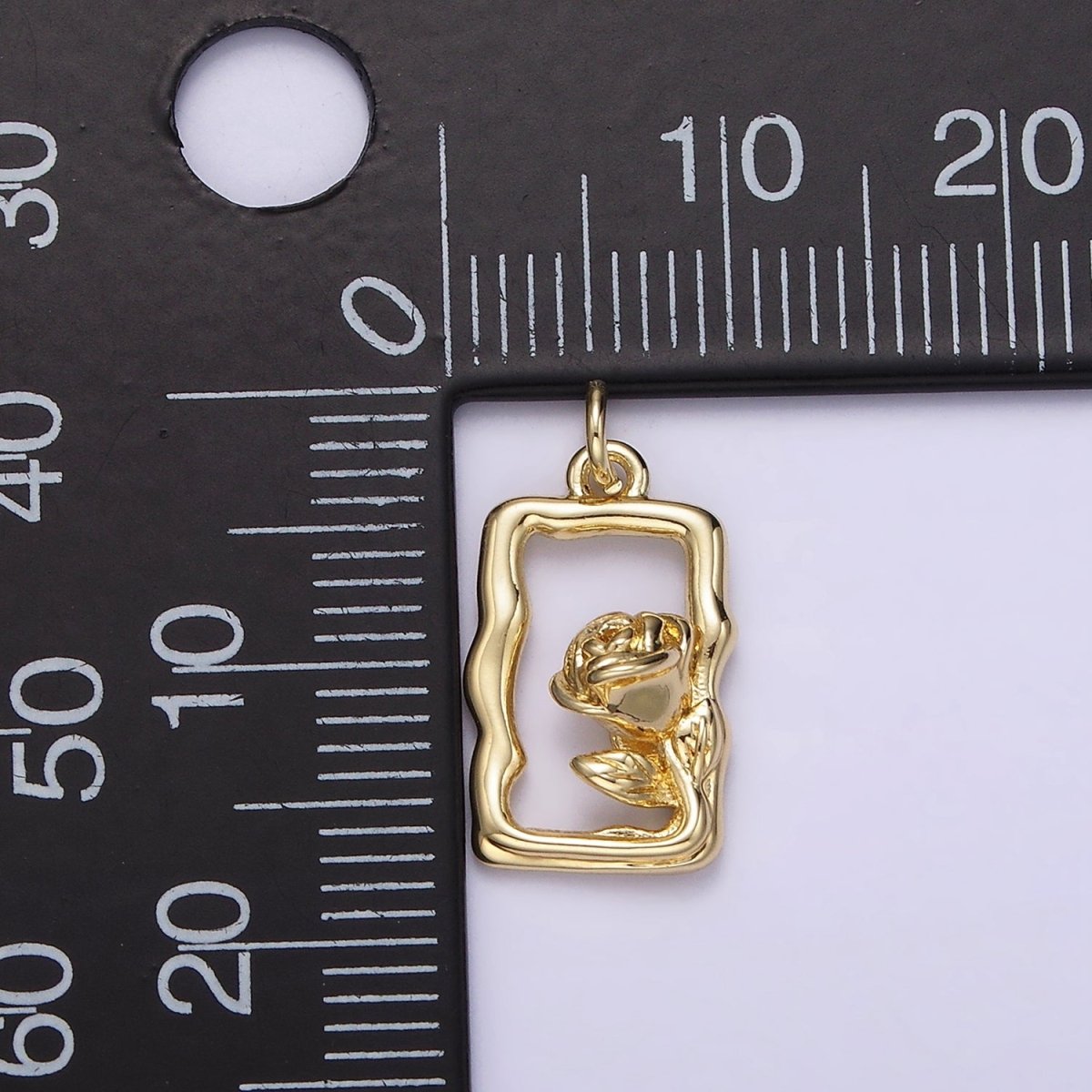 14K Gold Filled Rose Flower Open Wavy Rectangular Charm | AC898