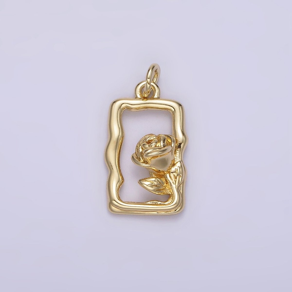 14K Gold Filled Rose Flower Open Wavy Rectangular Charm | AC898