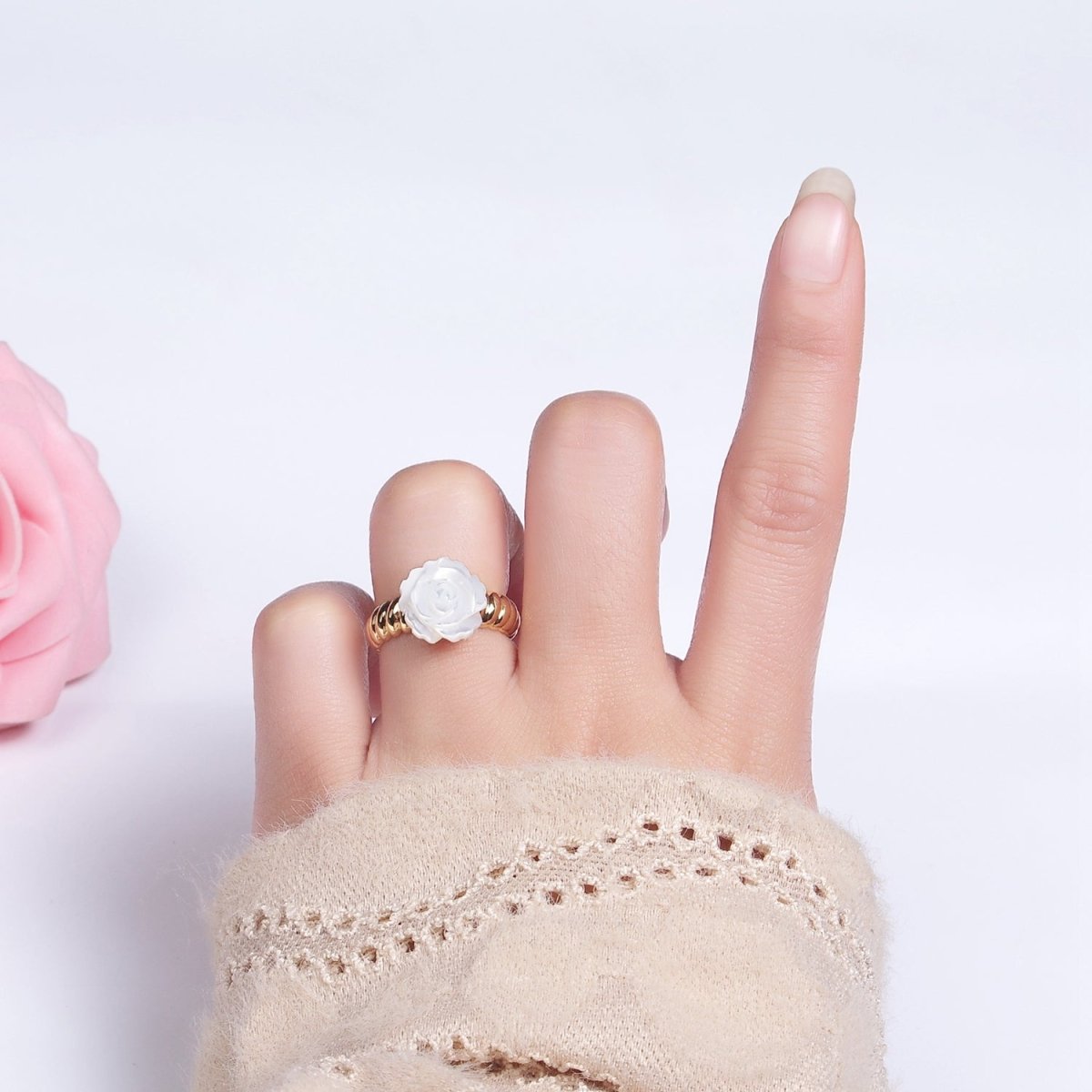 14K Gold Filled Rose Flower Shell Pearl Croissant Ring | O1314