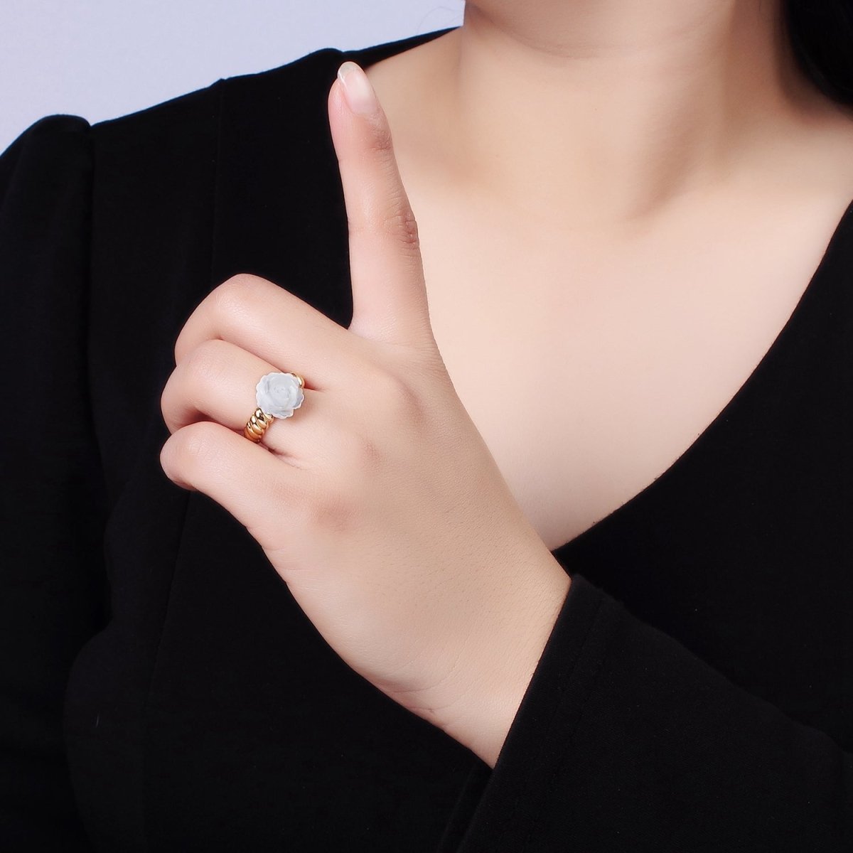 14K Gold Filled Rose Flower Shell Pearl Croissant Ring | O1314