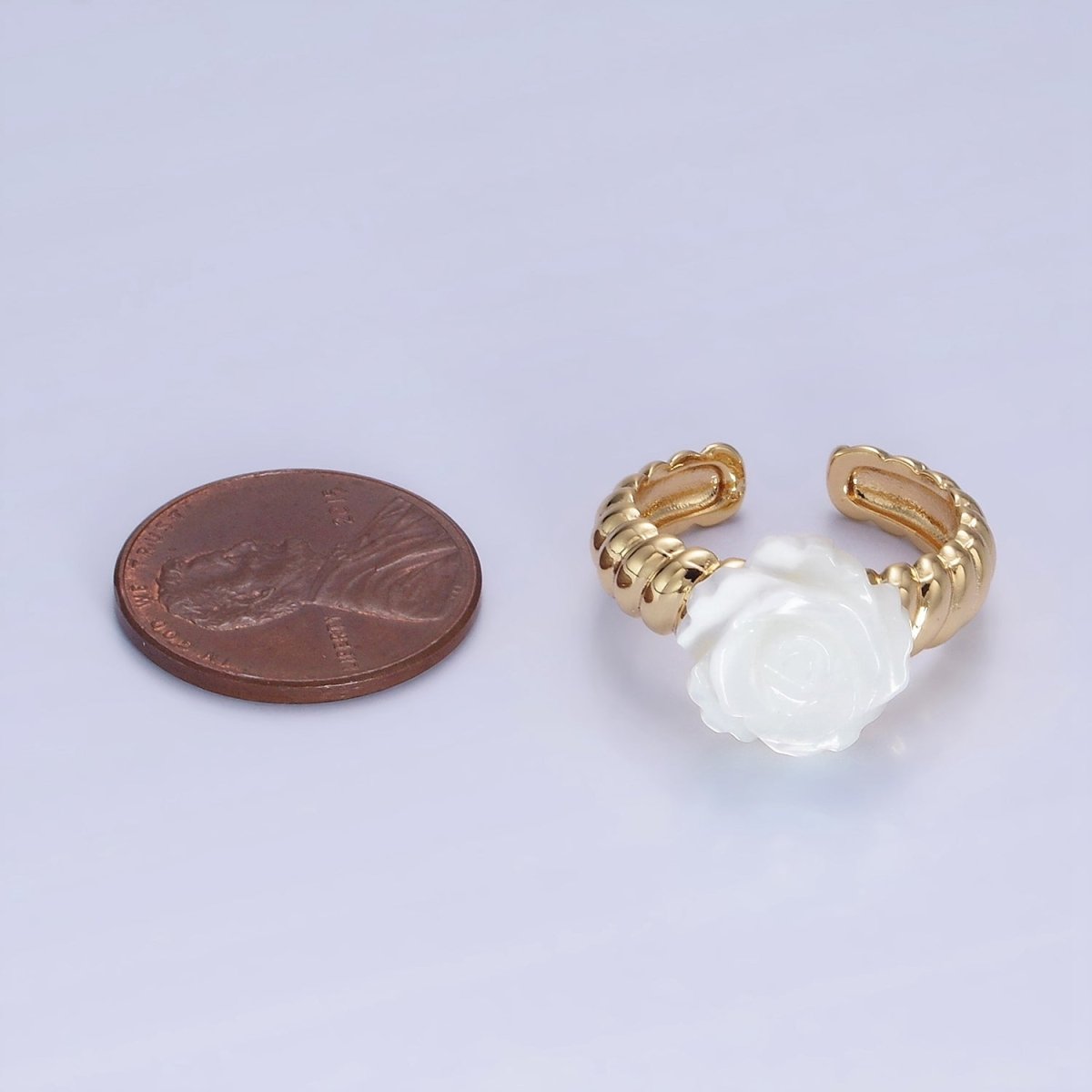 14K Gold Filled Rose Flower Shell Pearl Croissant Ring | O1314