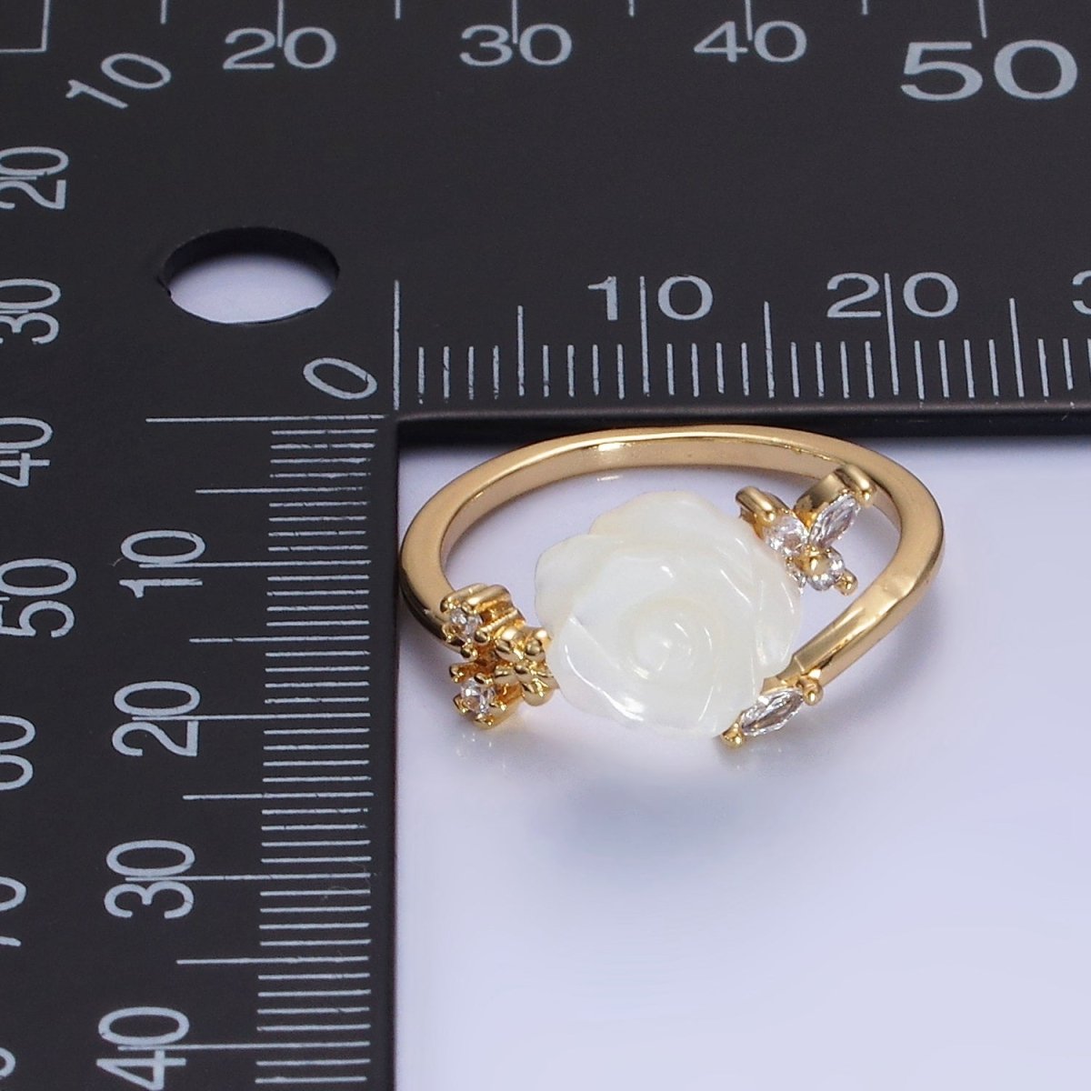 14K Gold Filled Rose Flower Shell Pearl Marquise CZ Leaf Ring | O1315