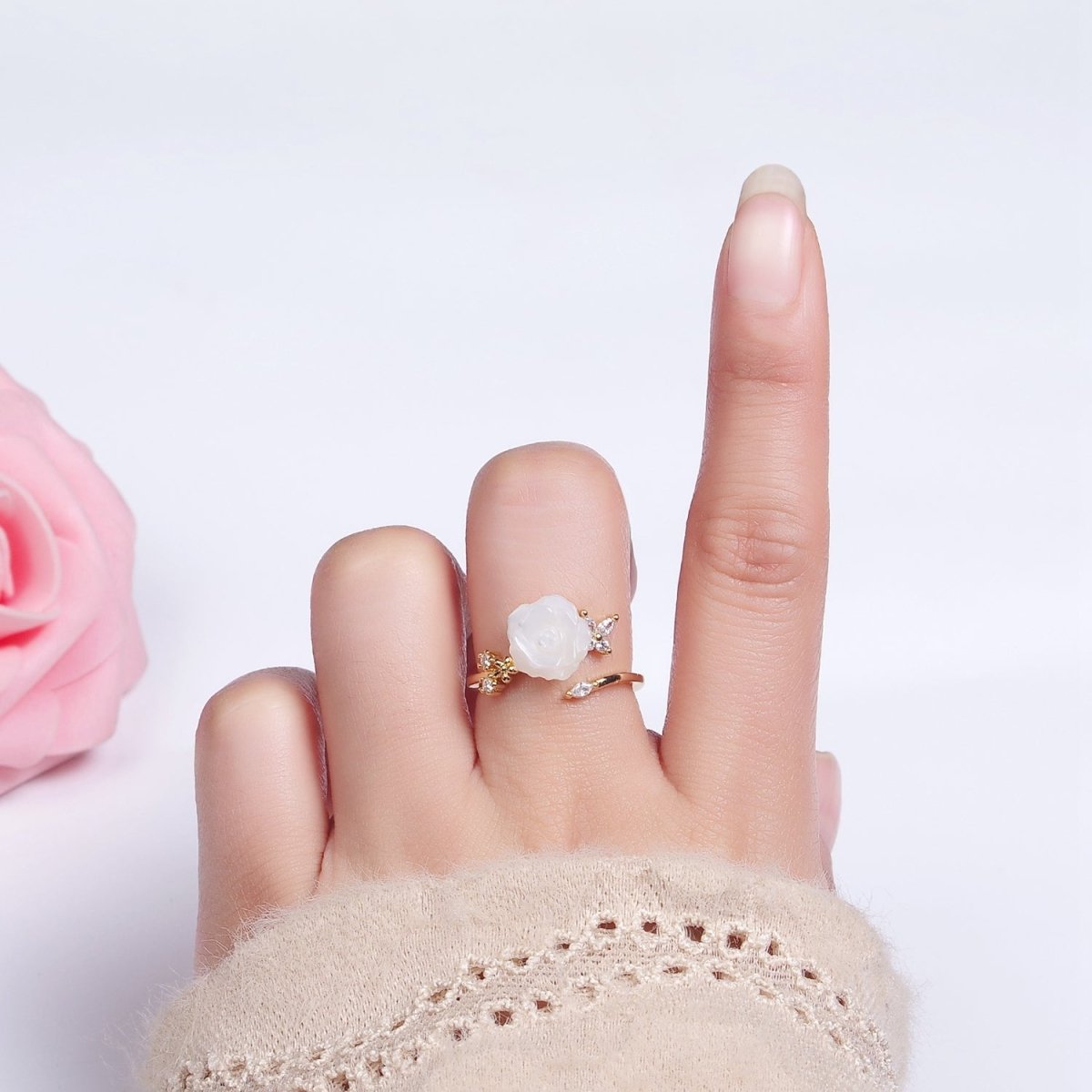 14K Gold Filled Rose Flower Shell Pearl Marquise CZ Leaf Ring | O1315