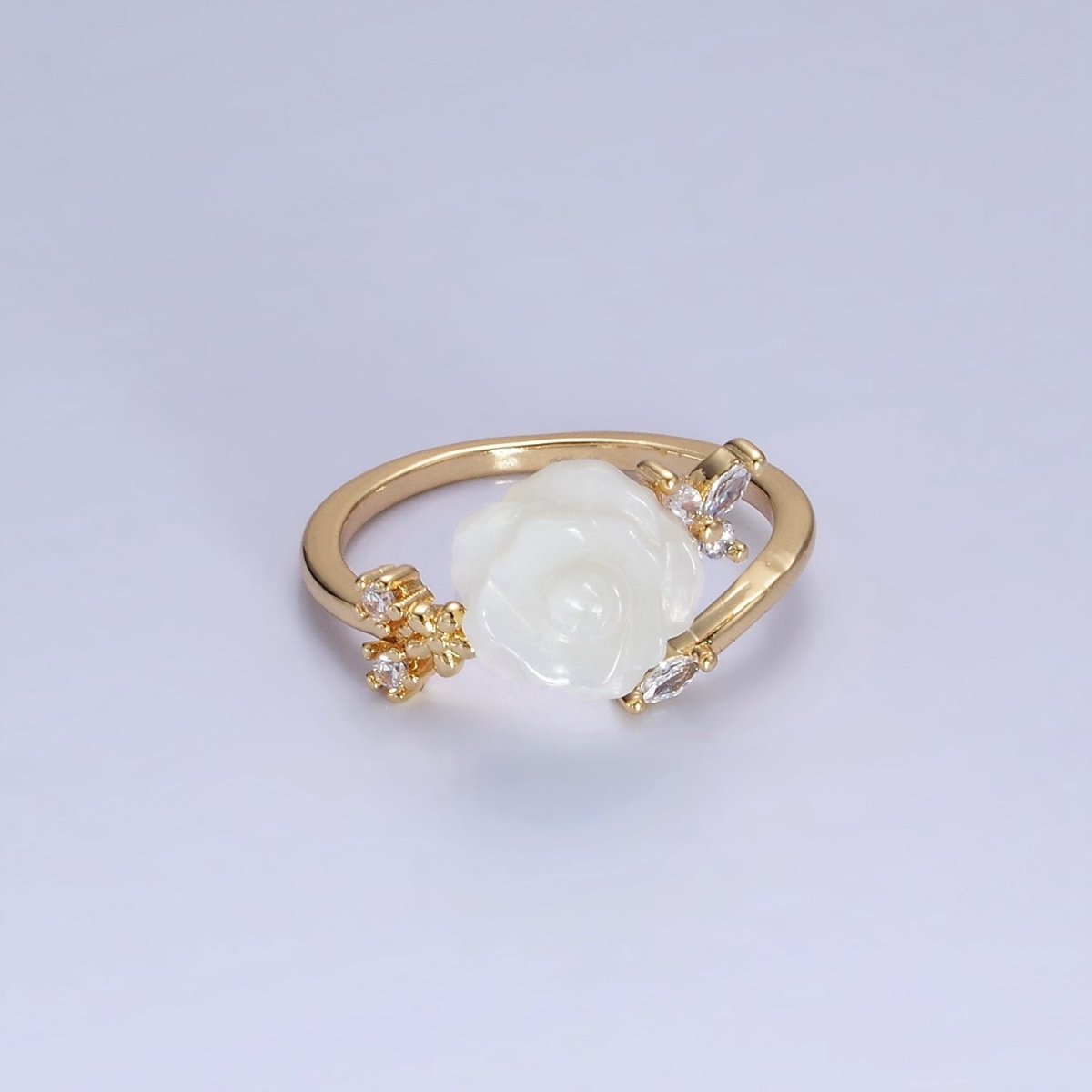 14K Gold Filled Rose Flower Shell Pearl Marquise CZ Leaf Ring | O1315