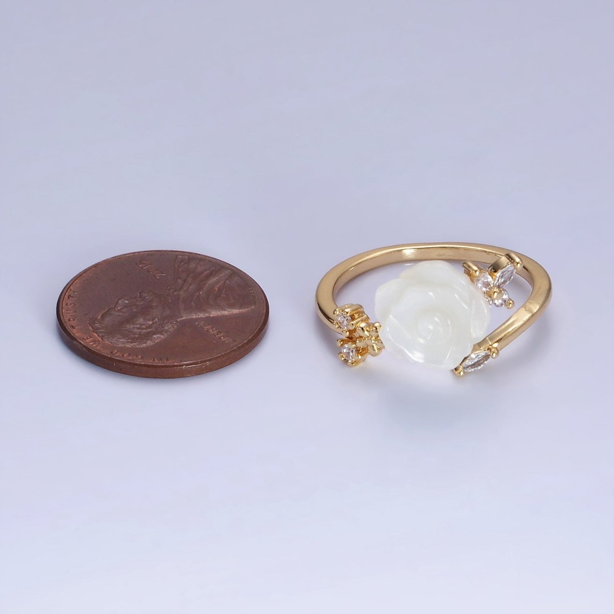 14K Gold Filled Rose Flower Shell Pearl Marquise CZ Leaf Ring | O1315