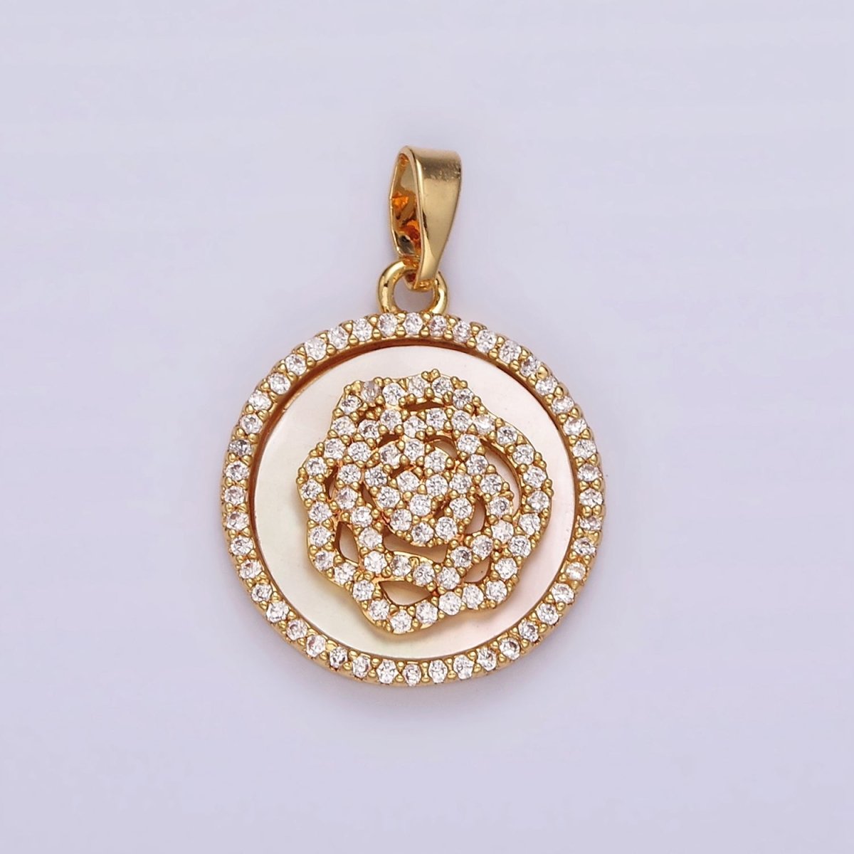 14K Gold Filled Rose Flower Shell Pearl Micro Paved CZ Round Pendant | AH053