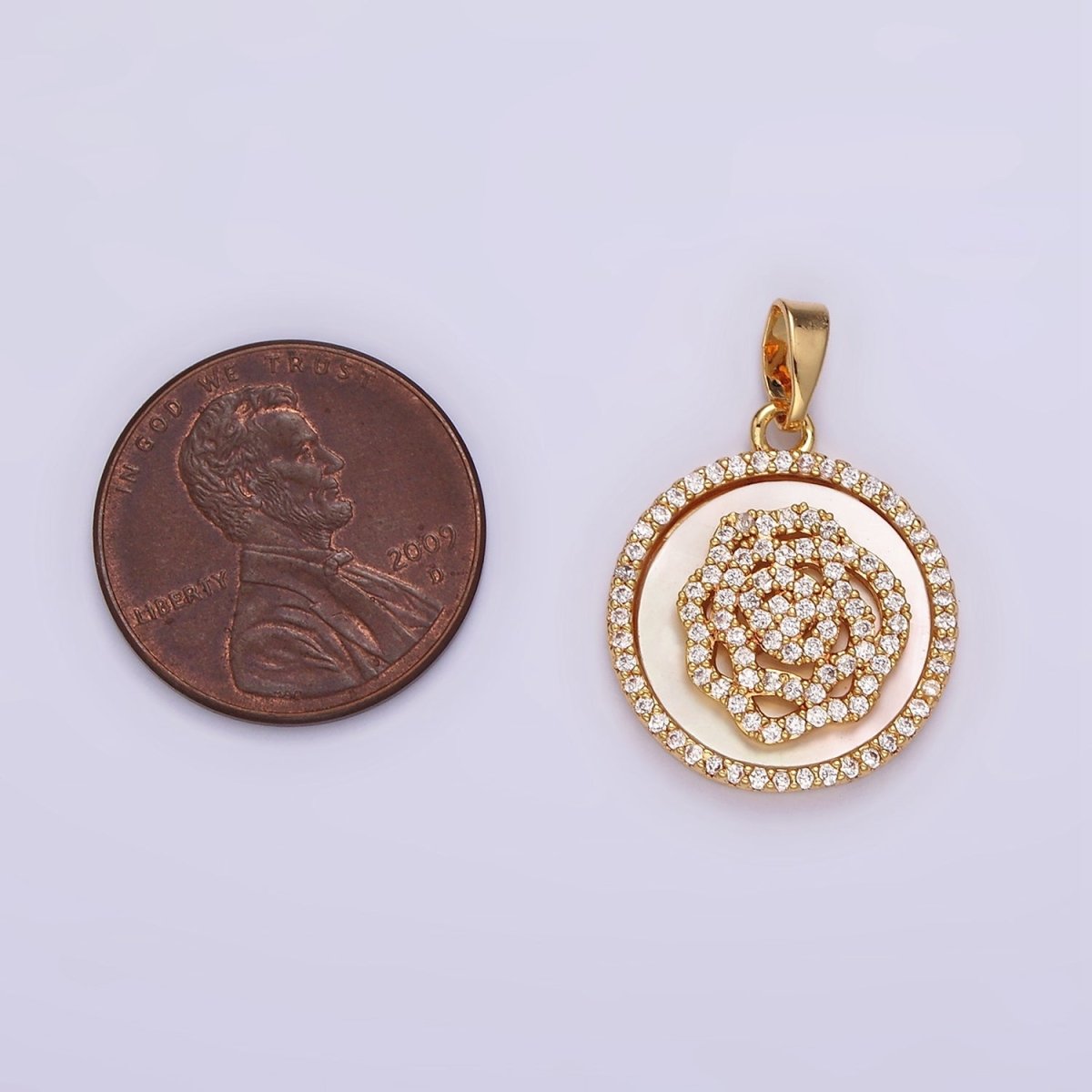 14K Gold Filled Rose Flower Shell Pearl Micro Paved CZ Round Pendant | AH053
